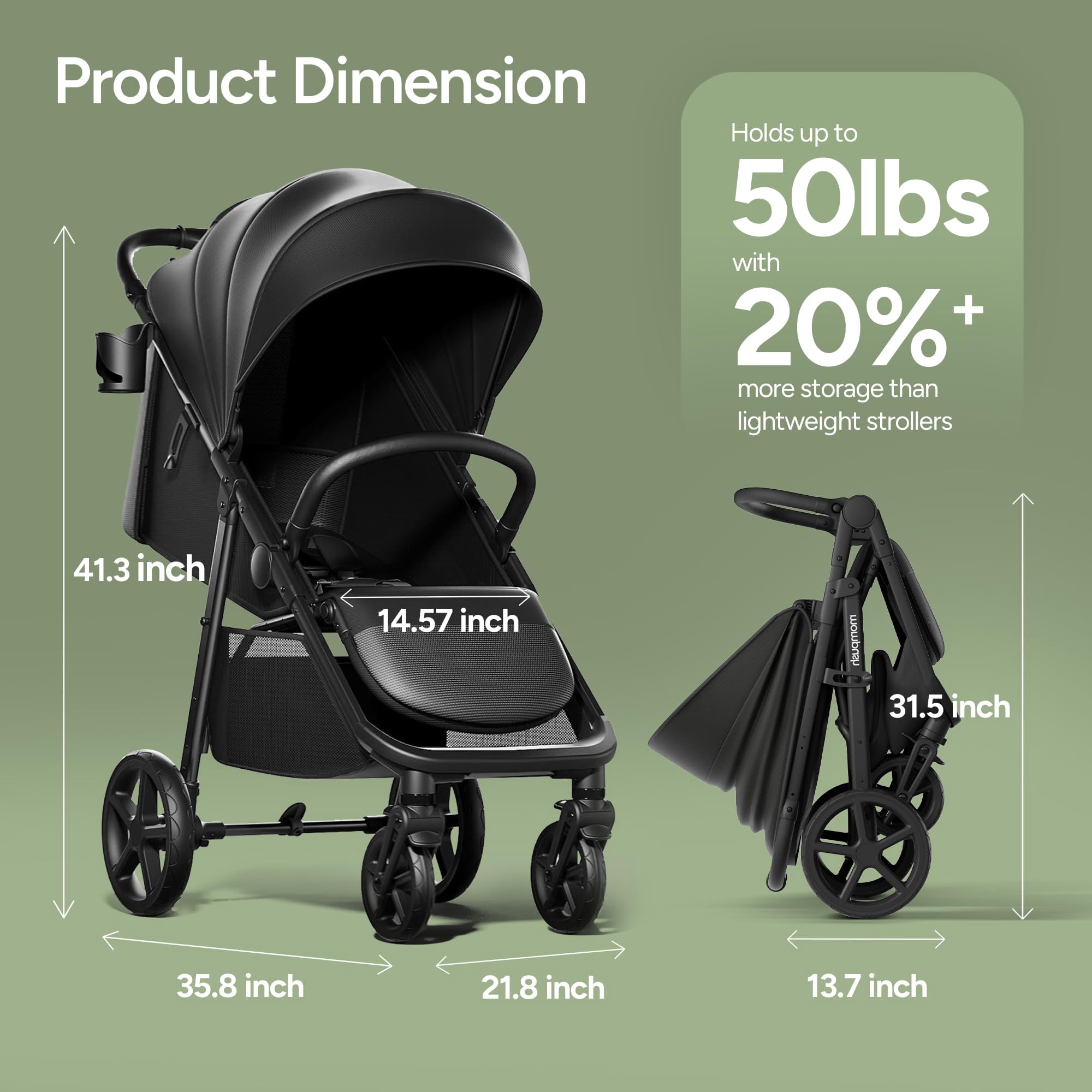 Mompush Nova Baby Stroller, Spacious Seat, Extra-Large UPF 50+ Canopy, Black, 22LB, Unisex