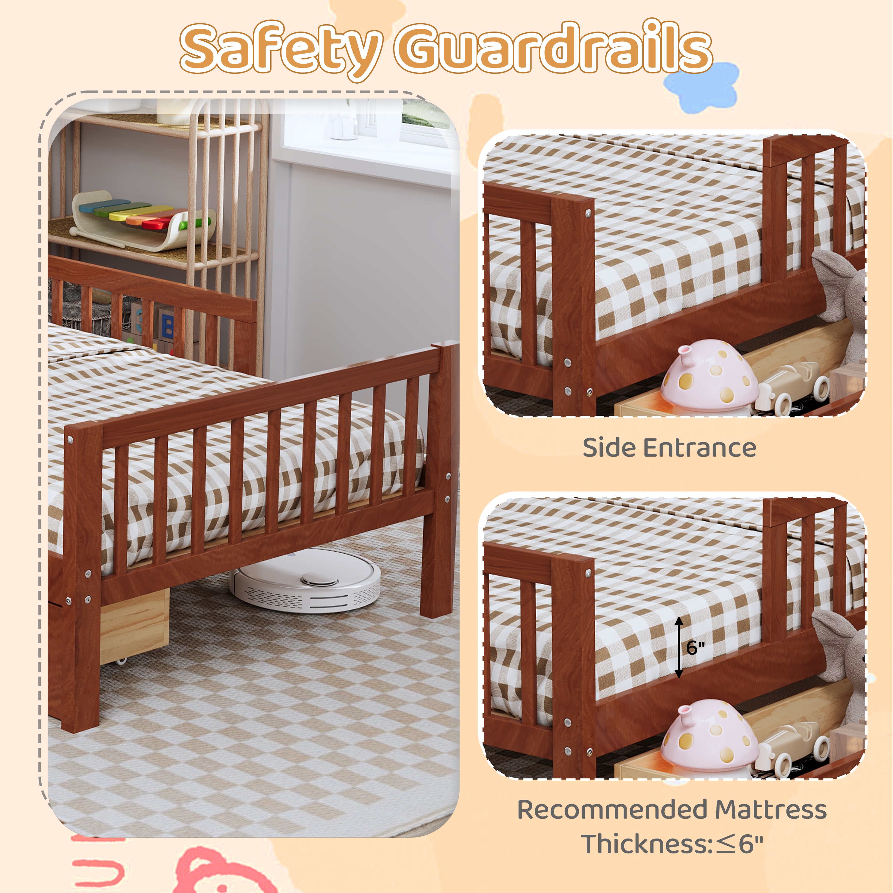 Twin Bed Frame for Kids, SHINPT Twin Size Bed Frame with Headboard Storage Rack, Storage Bed Frame with Two Under-Bed Drawers, Bed for Kids with three-Side Guardrails, White, Pink, Gray, Walnut