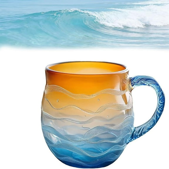 Sea Glass Sunset Mug, Handcrafted Sea Glass 12 Oz Handblown Ocean Wave Pattern Mug Cup, Unique Textured Beach Theme Mugs for Tea, Seas Inspired Drinkware for Ocean Lovers(A-1pc)
