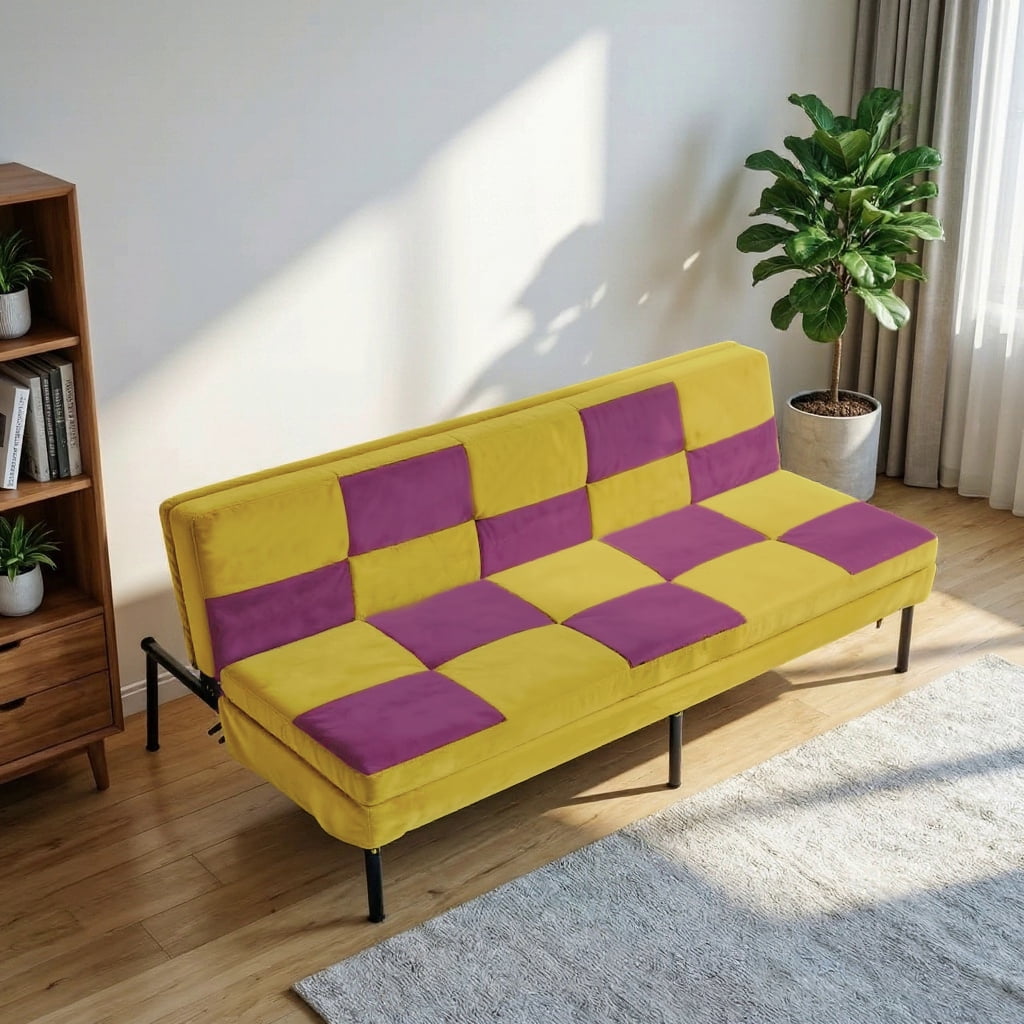 BSHTI 63.39" Velvet Convertible Futon Sofa Bed with 5-Position Adjustable Backrest , Twin Size Couch Sleeper Sofa for Living Room, Bedroom, Dormitory Purple&Yellow