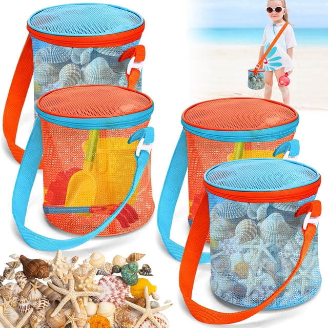 4-Pack Mesh Sea Shell Collection Bags - Beach Essentials for Kids with Sand Sifter Pockets - Shell Holder, Travel Sand Toy & Storage for Beachcombing, Vacations & Sandbox Play
