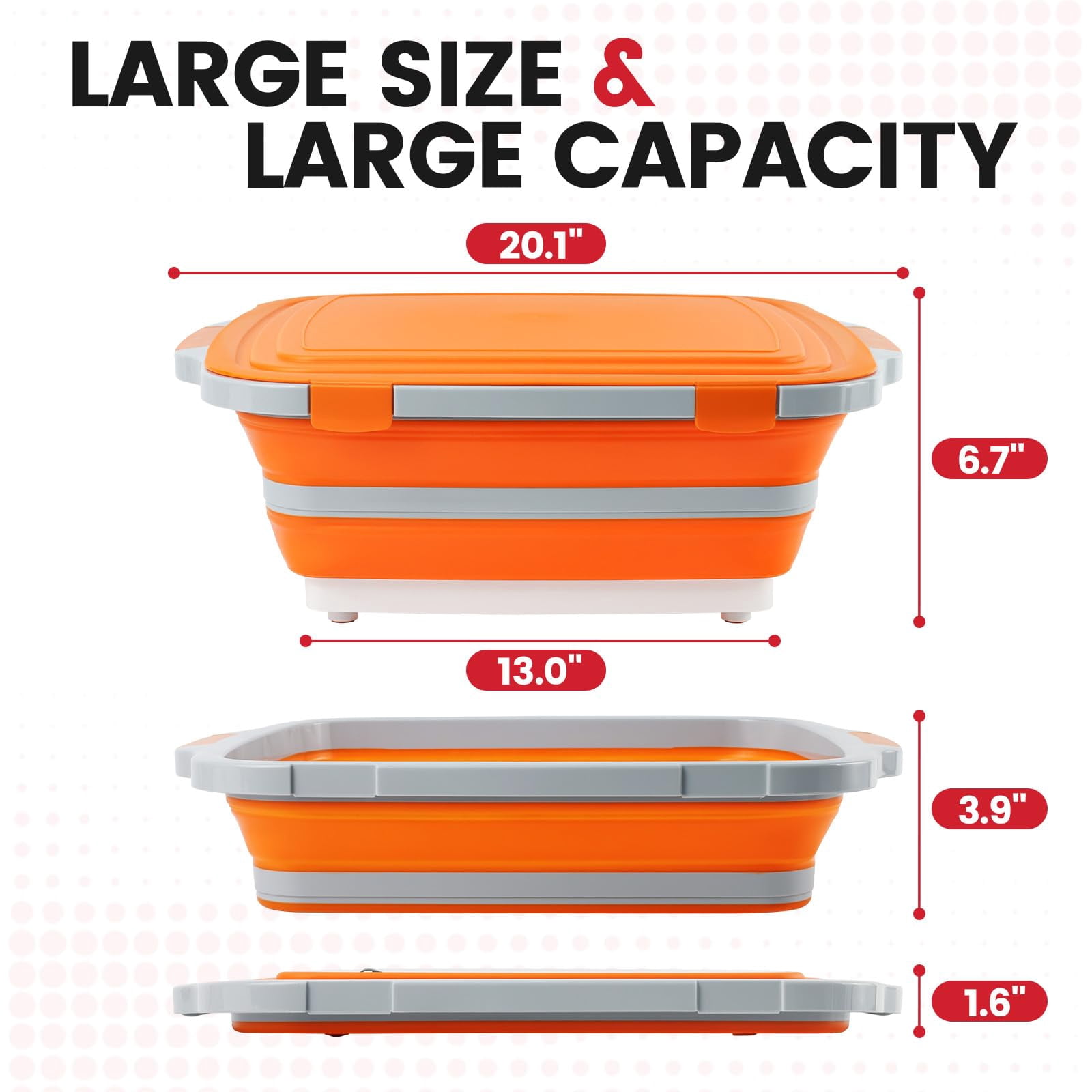 Collapsible BBQ Prep Tub 16L ,for Meal Prep, Marinating, Food Storage,Dish Basin for Kitchen,  - Includes Cutting Board Lid - Orange