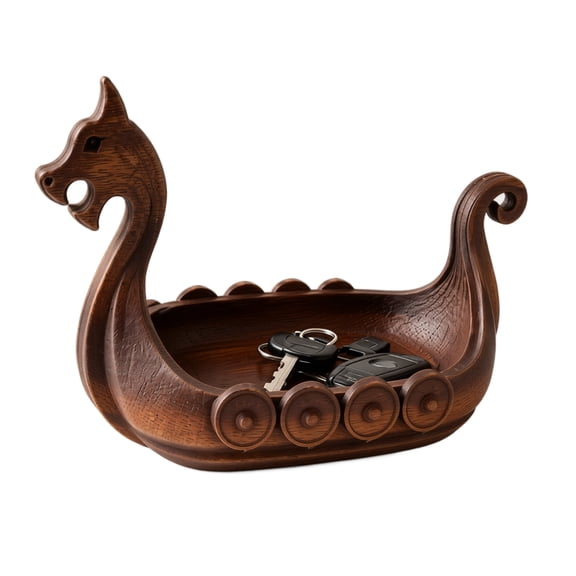 Viking Ship Table Tray Decor with Vintage Wood Finish, Jewelry Dish Tray for Office Desk Decor, Nautical Decor for Home As Gift