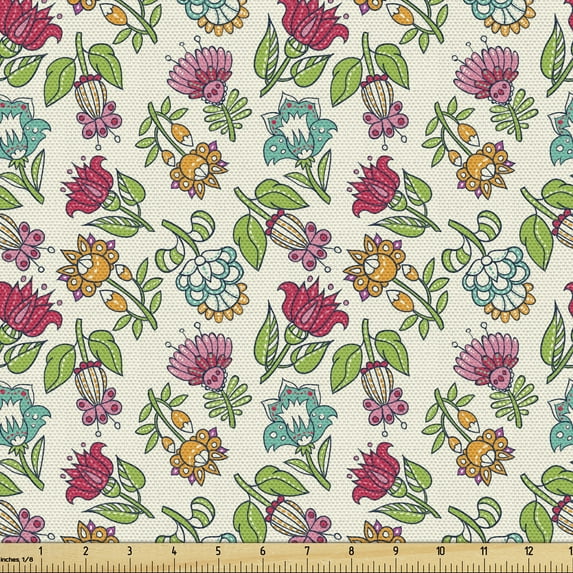 Floral Fabric by the Yard Upholstery, Colorful Detailed Flower Kinds Flourishing Ornamental Blooming Motifs, Decorative Fabric for DIY and Home Accents, Eggshell and Multicolor by Ambesonne