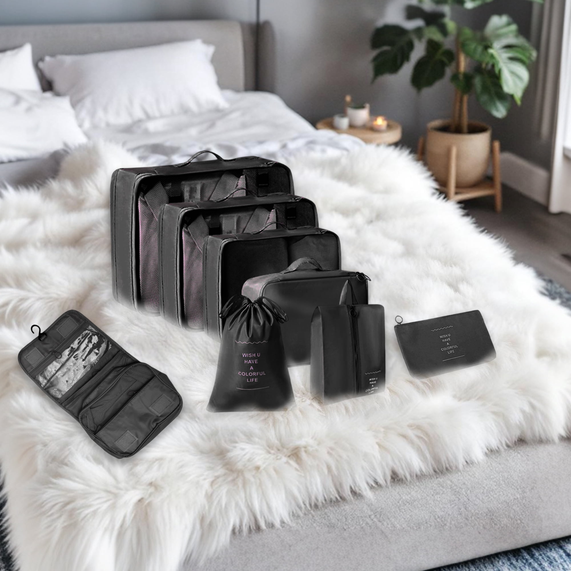Unique Bargains 8 Pcs Portable Packing Cube Set for Luggage Black