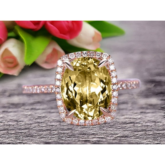 8x6mm Oval Cut 2 Carat Big Champagne Diamond Moissanite Engagement Ring Wedding Ring in 10k Rose Gold Halo Design Art Deco Personalized for Brides