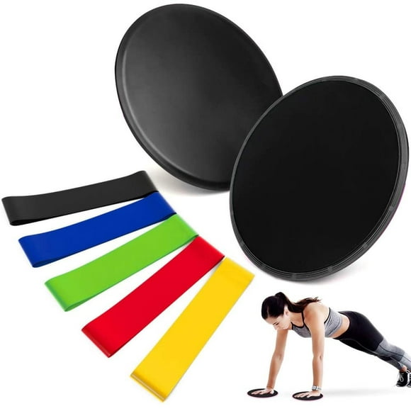 Jellydog Toy Gliding Discs Core Sliders and 5 Exercise Resistance Bands with Portable Carry Bag for Strength & Stability Training in Home Gym or Travel Outside (Black)