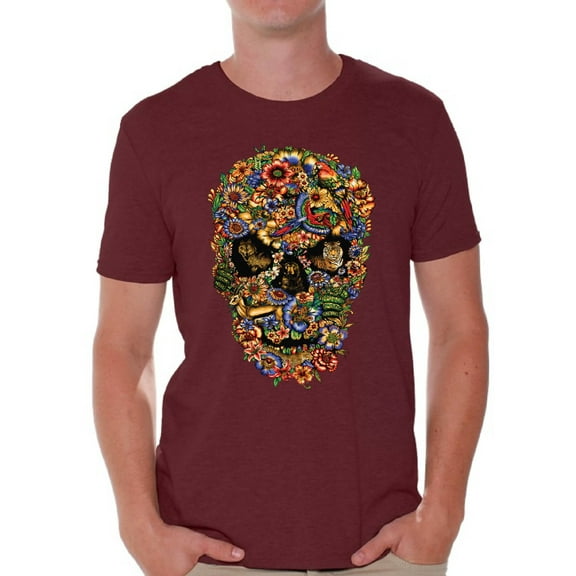 Awkward Styles Fauna Skull Tshirt for Men Floral Skull Shirt Sugar Skull Shirts for Men Dia de los Muertos Gifts for Him Day of the Dead T Shirt Sugar Skull Flowers T-Shirt for Men Skull Gifts