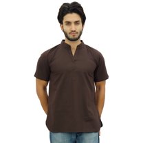 Atasi Mens Mandarin Collar Brown Cotton Short Kurta Half Sleeves Casual Tunic-S