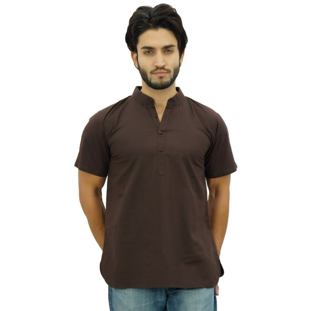 Atasi Kurta Court en Coton Brun pour Homme à Col Mandarin, Manches Mi-Longues, Tunique Décontractée-m