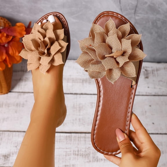 Womens Khaki Garden Slides with Floral Applique Comfortable Slide Sandals for Women Casual Summer Beach,Size 40