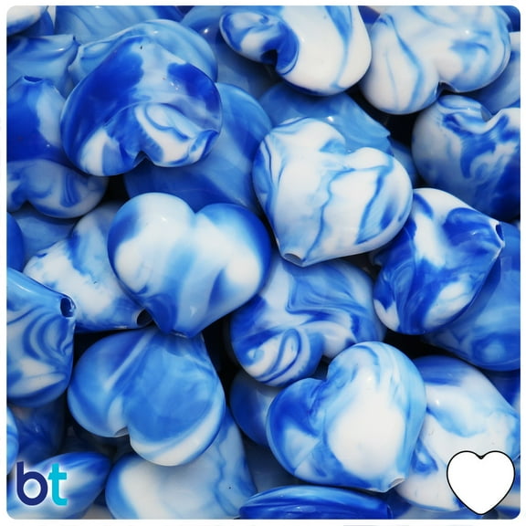 BeadTin Blue & White Swirl Opaque 23mm Heart Plastic Beads (24pcs)