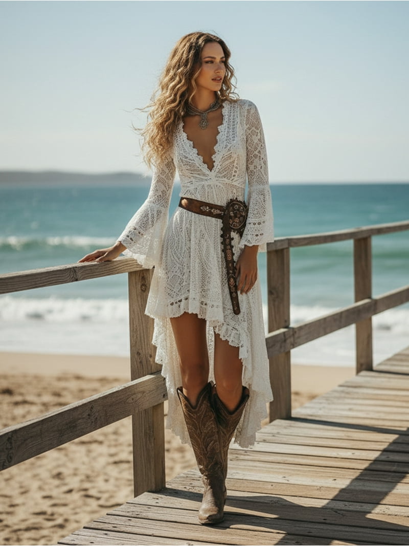 long sleeve country concert dress Women's Western Bohemian Lace Dress, Sexy Deep V-Neck Long Sleeve,Country  Concert Outfit,Vintage Romantic Beach Vacation Party Gown Women