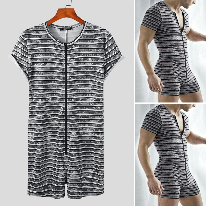 INCERUN Men's Sleep Union Suits Summer Short Sleeve Striped Rompers One