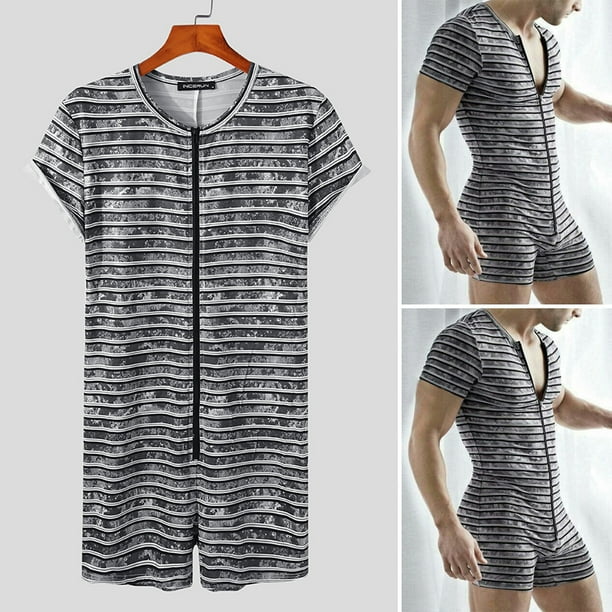 INCERUN Men's Sleep Union Suits Summer Short Sleeve Striped Rompers One Piece Bodysuit