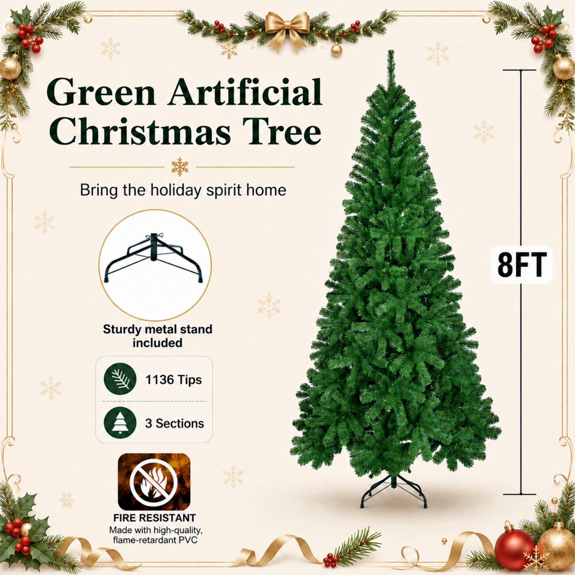 DEALTOPS 8 FT Unlit Artificial Christmas Tree, 1136 PVC Tips, Hinged Green Holiday Tree with Metal Stand