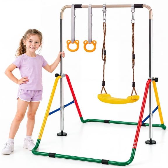 SUGIFT Adjustable Kids Gymnastics Bar with Swing and Rings, 5 Heights 35-51 in, Foldable Indoor Training Bar, Multicolor