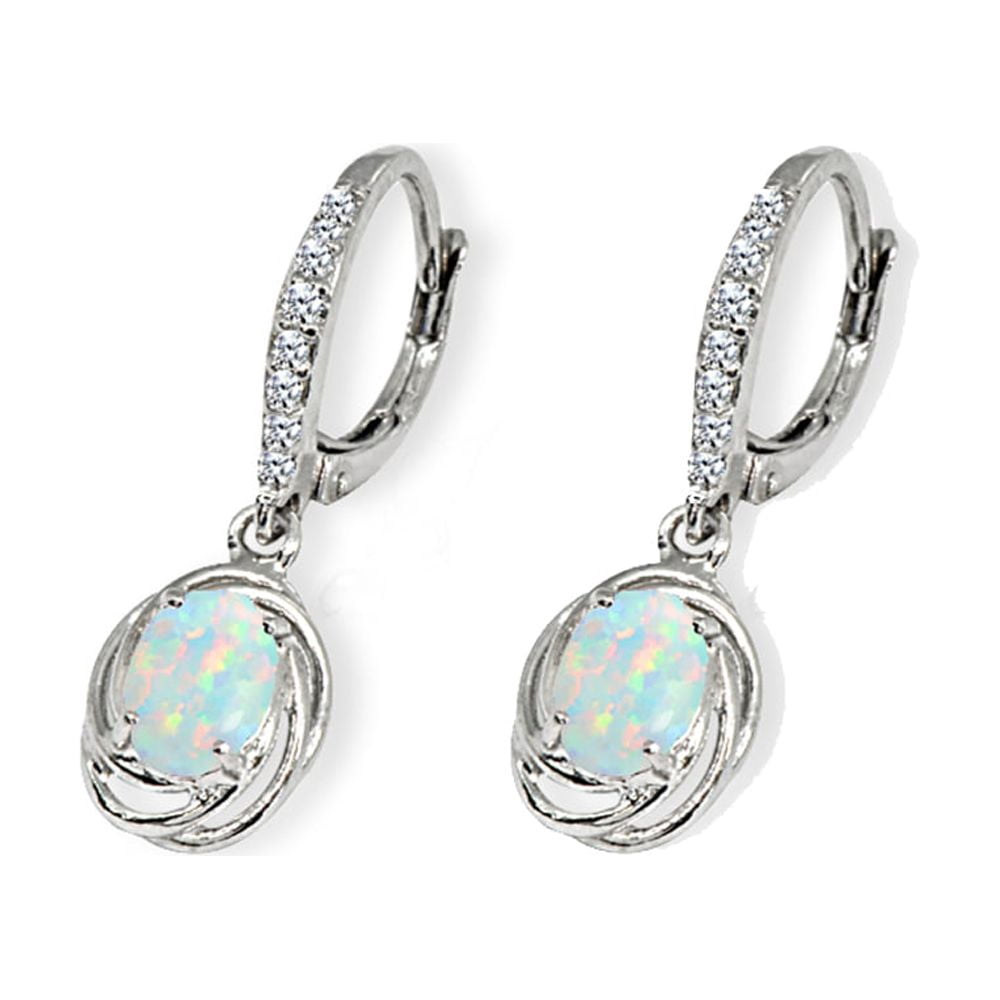 Simulated White Opal & CZ 7x5mm Oval Love Knot Sterling Silver Dangle Earrings