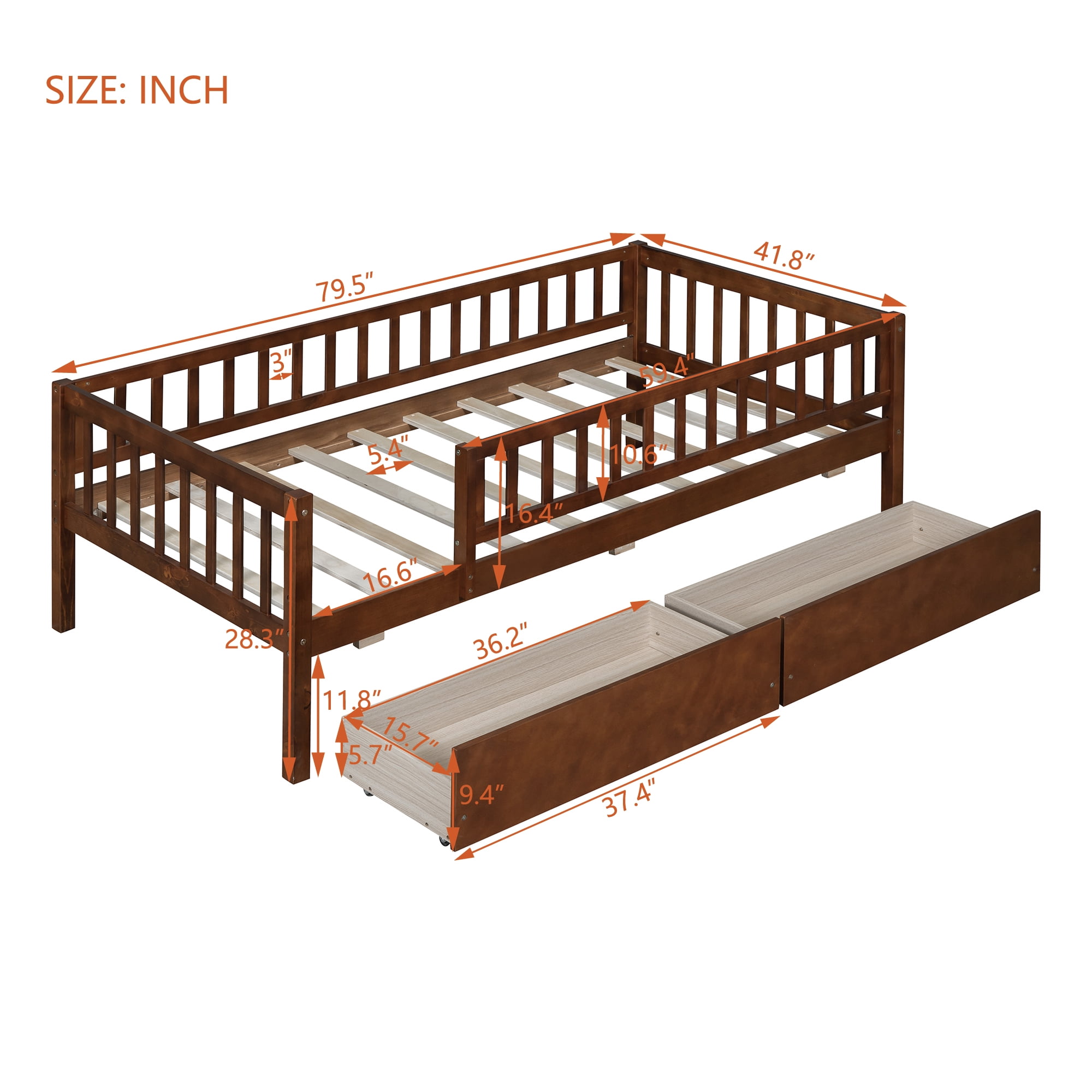 Holaki Twin Size Wood Bed with Guardrails and 2 Storage Drawers for Kids, Walnut