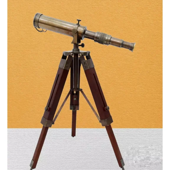 Nautical Vintage Brass Telescope With Wooden Tripod Stand Maritime