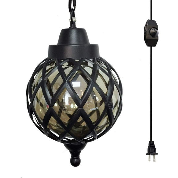 Kiven Plug-in Industrial Globe Pendant Light w/ 15 Ft Hanging Cord and Dimmable On/Off Switch, Vintage Spherical Lantern Chandelier Ceiling Light Fixture
