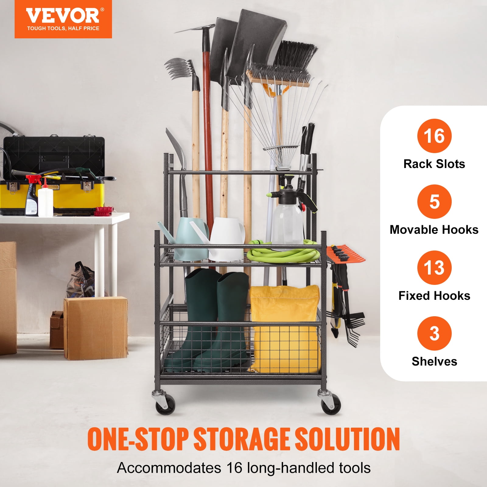 KFFKFF Garden Tool Storage Rack with Wheels Garage Organizer 16 Slots with Hooks
