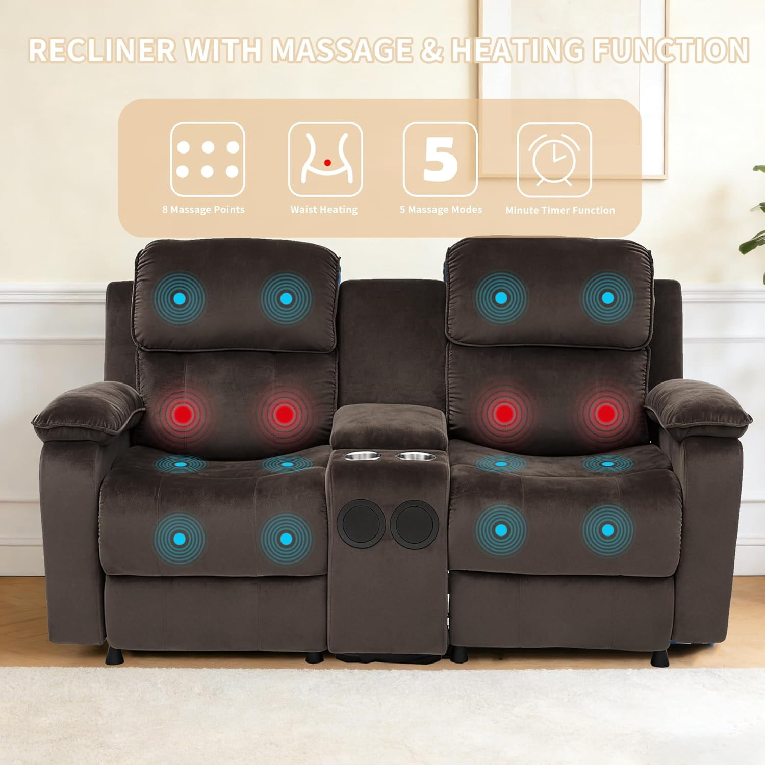 Electric Reclining Loveseat Sofa with 8-Point Vibration Massage, Bluetooth Speakers, Storage Console and Cup Holders for Living Room & Home Theater (Brown, Loveseat with Console)