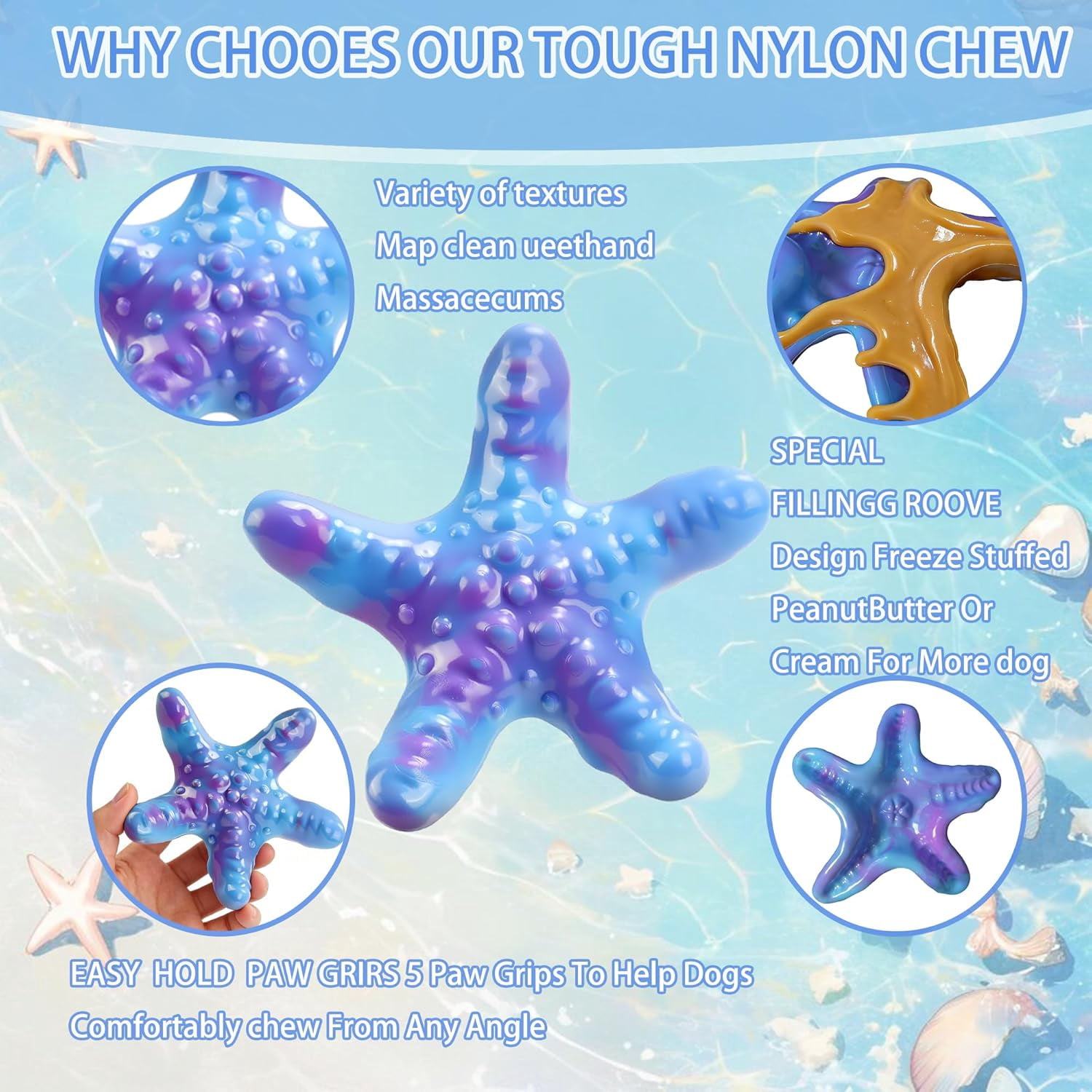 Dog Toys for Aggressive Chewers,3 Pack Indestructible Bone Toy, Ocean Series,Bacon Flavored,Durable Nylon Chew Toys for Medium & Large Breeds, Teeth Cleaning, Keep Them Busy