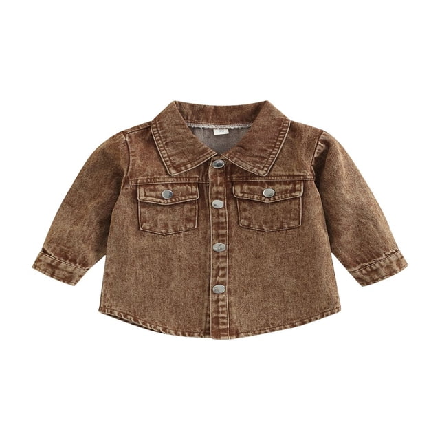 Veste en Jean pour Garçons Bébé Enfants Marron Col Rabattu Manches Longues Boutonnée Veste en Denim