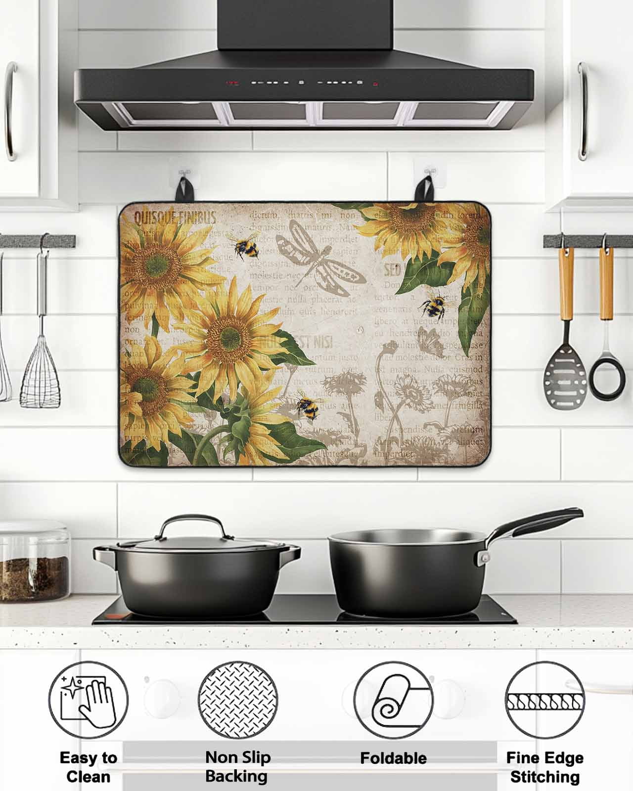 Stove Top Covers for Electric Stove, Sunflowers Glass Stovetop Cover Protector, Vintage Yellow Floral Farm Butterfly Induction Cooktop Protector Oven Mat for Kitchen Countertop 24"x21"
