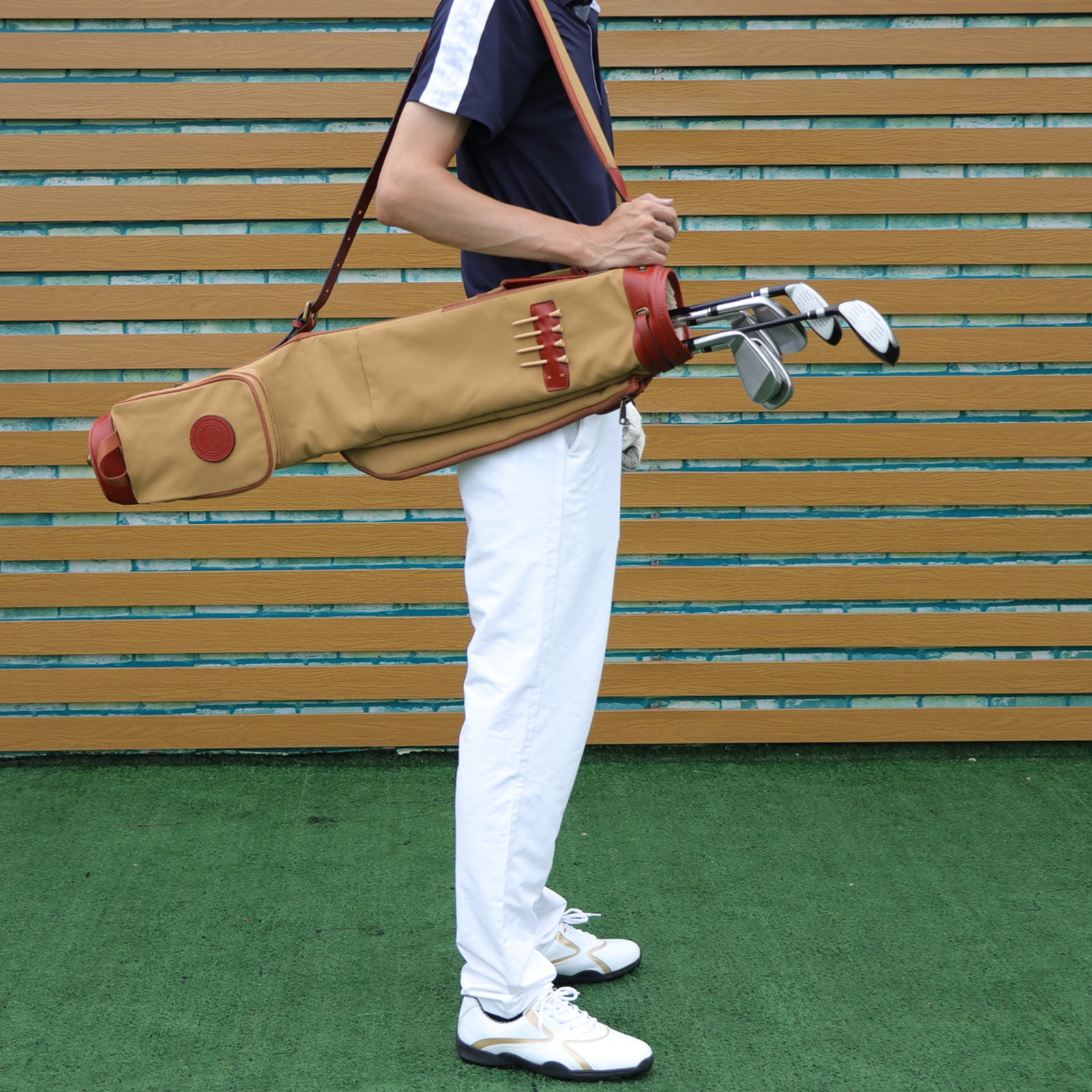 TOURBON Golf Clubs Sunday Bag Carrying Case Golf Pack Travel Retro Pencil Style Canvas Leather Shoulder Pack Brown