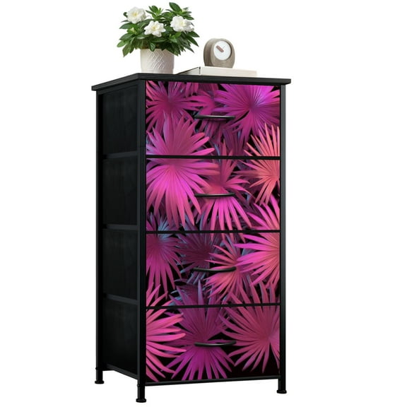Dresser for Bedroom with 4 Storage Drawers 3d render neon palm leaves black design Retrowave synthwave vaporwave Dressers Chest of Drawers Steel Framed Fabric Closet Organizers for Entryway Dorm
