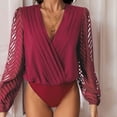 thumbnail image 4 of Bodysuit Tops for Women Long Sleeve Solid Color Deep V Neck Lace Sheer Mesh Going Out Tops Wine L, 4 of 4
