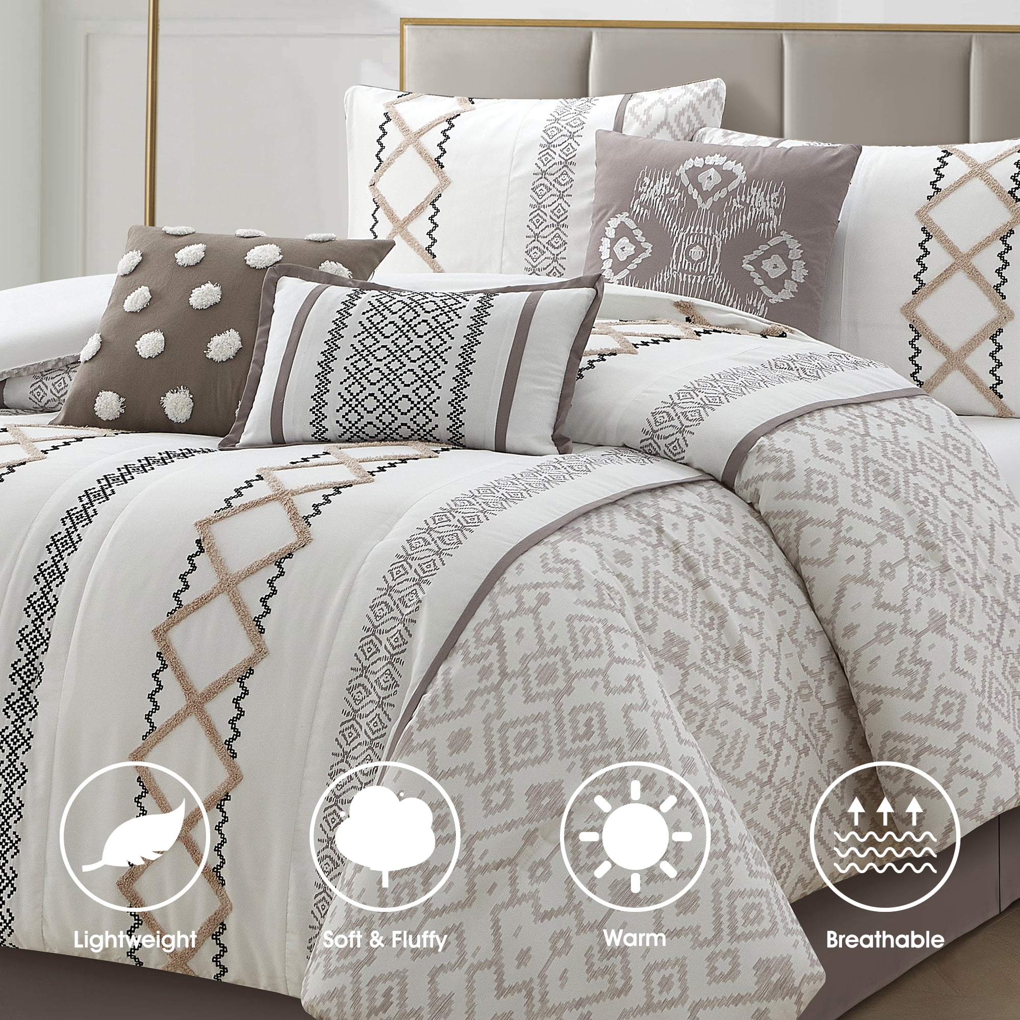 Lanco Luxury Taupe Comforter Set King Size , 15 Piece Terry embroidery, All Season Room-In-A-Bag