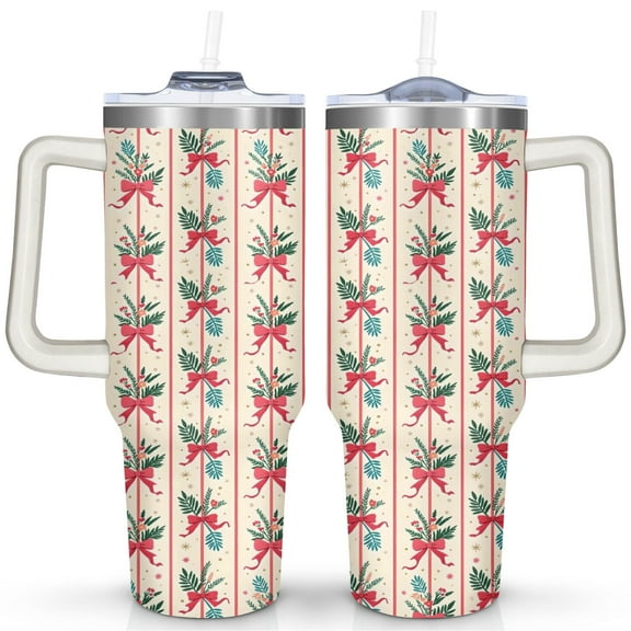 Christmas Has Pink Bow Ribbons 40 Oz Tumbler with Handle Lid and Straw Stainless Steel Double Walled Vacuum Insulated Cup Merry Christmas Gifts Tumbler for Women Men Friends Outdoor Indoor