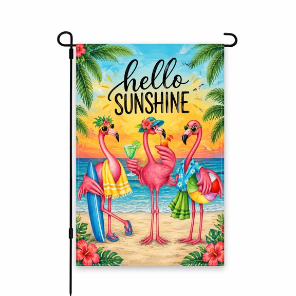 Summer Flamingo Beach Garden Flag 12x18 Inch – Vibrant Coastal Paradise Outdoor Decor for Yard, Lawn, Patio – Tropical Flamingos with "Hello Sunshine" Design