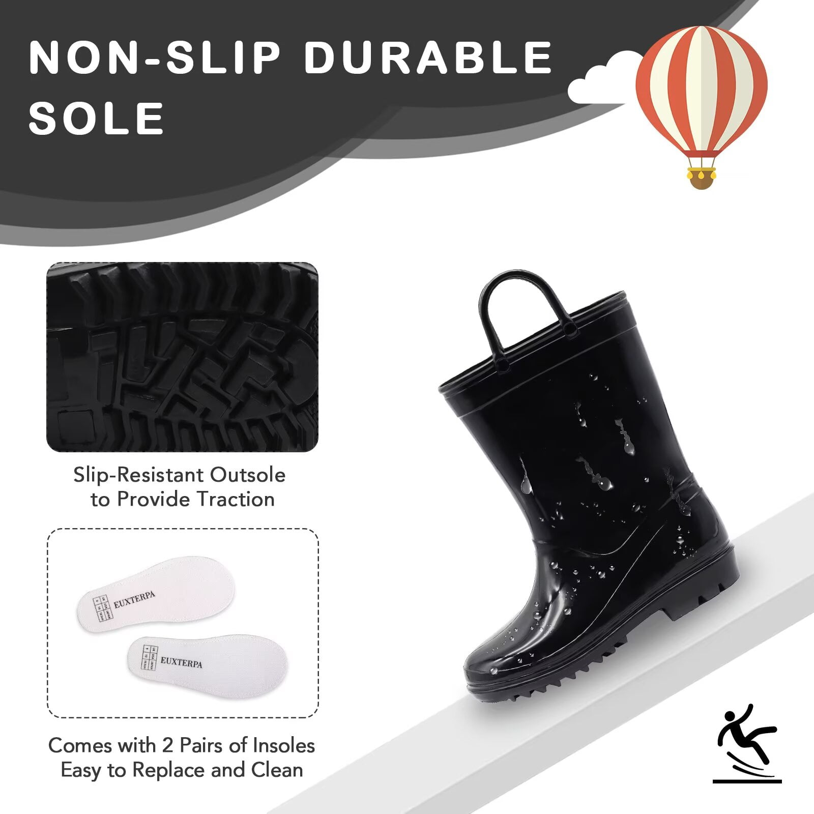 EUXTERPA Toddler Kids Waterproof Rain Boots Boys Girls Black Boots with Handles Big Kid Size 2
