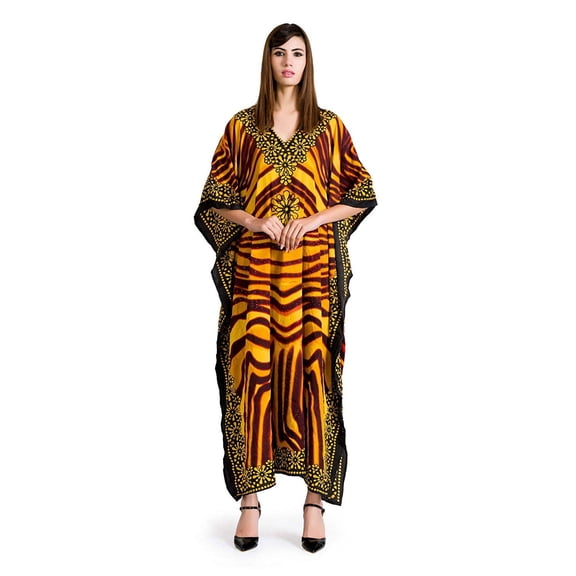RADANYA Women Kaftan Dress Floral Tunic Maxi Kimono Long Caftan Nightdress Beach Polyester Party Casual Dress