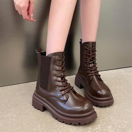 

ZMHEGW Women Boots Ankle Autumn And Winter Solid Color Round Toe Lace Up British Style Comtable Thick Bottom Square Heel Boots Shoes