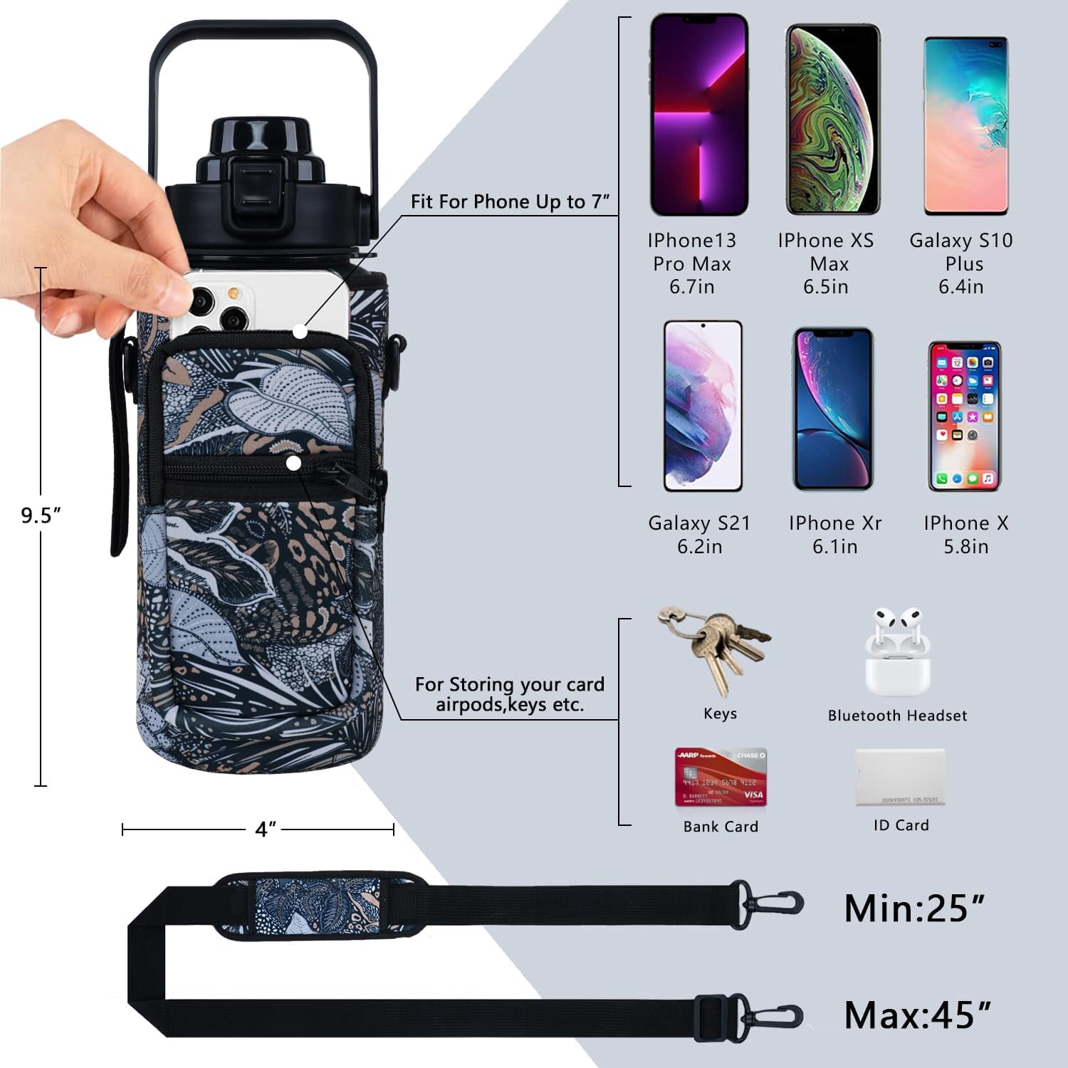Half Gallon Water Bottle with Sleeve - BPA Free Water Bottle 64 OZ - with Time Marker Leakproof Water Jug - Motivational Workout Water Bottle for Office Gym Outdoor Hiking Travel