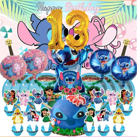 Stitch 13th Tableware Balloons Cake Toppers Backdrop Banner Supplies Party Decor Plates Decorations