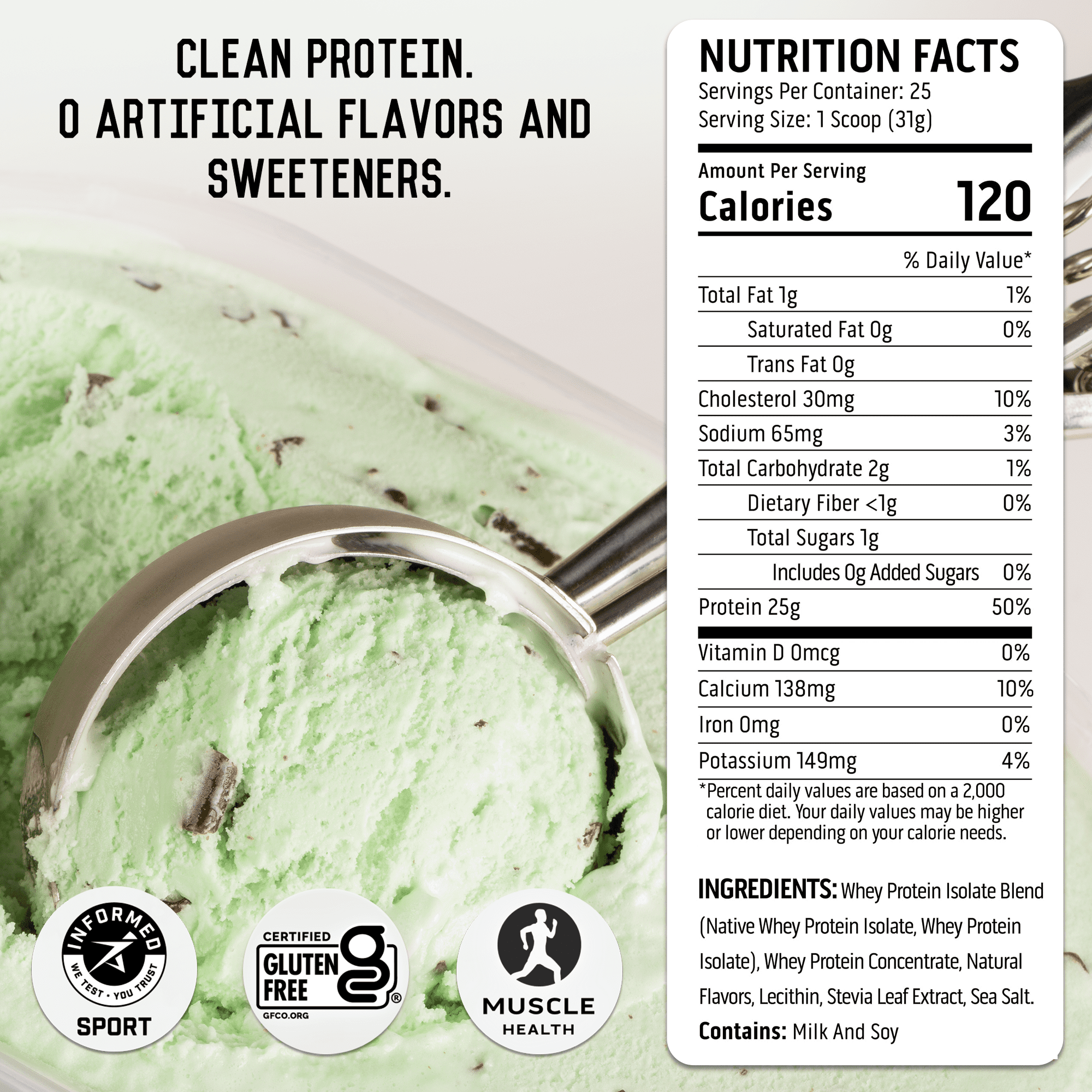 Ascent 100% Whey Protein Powder, Gluten Free, Mint Chocolate Chip, 25 Servings