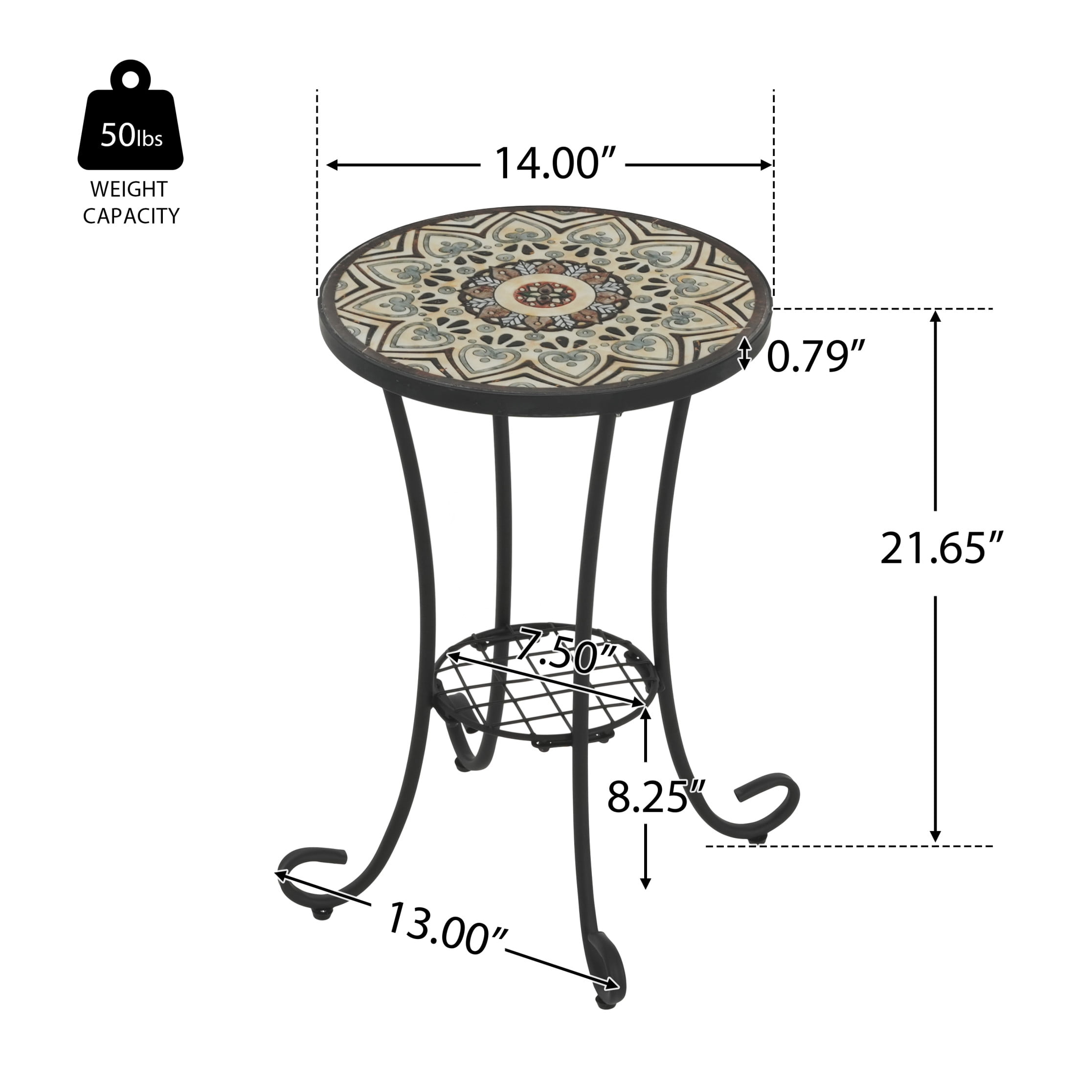 Trulisa Outdoor Patio Round Side Table with Shelf, Ceramic Tile, Iron, Black + Brown