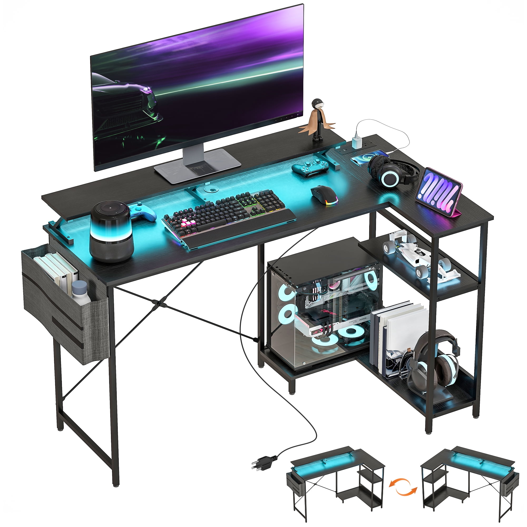 HOMCOM 58" Reversible L Shaped Desk with Storage Bag, Corner Computer Desk with Power Outlet and LED Light, Monitor Shelf and CPU Stand, Black