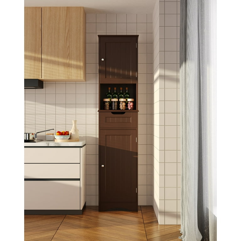 Homfa Tall Narrow Cabinet, 66.3 inch Free Standing Wood Bathroom Slim Tower with Doors and Adjustable Shelves, Oak Color, Size: One size, Brown