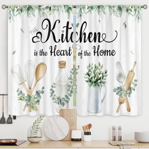 Rustic Eucalyptus Leaves Kitchen Curtains Small Short Leaf Plants Farmhouse Country Botanical Rod Pocket Wooden Board Farm Nature Bedroom Living Room Treatment Fabric 2 Panels 27.5Wx39H Inch