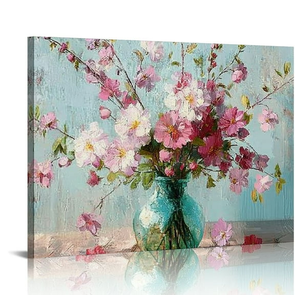 BCIIG Pink Flower Canvas Wall Art Florals Abstract Picture Teal Turquoise Watercolor Peach Bloosom Painting Artwork for Bathroom Living Room Bedroom Kitchen Nursery Home Office Decor  20x16in
