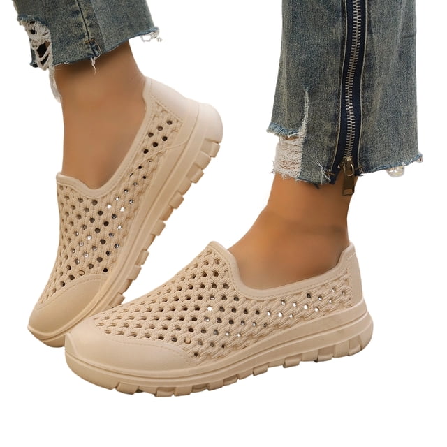 YOUYEDIAN Orthopedic Shoes for Women Spring Work Non Slip Slip on Arch Support Sneakers Wide Comfortable Mesh Closed Toe Shoes (Beige)