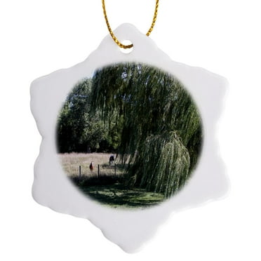 3dRose, Lazy Day, Horses and Weeping Willow, 3 inch Snowflake Porcelain Ornament