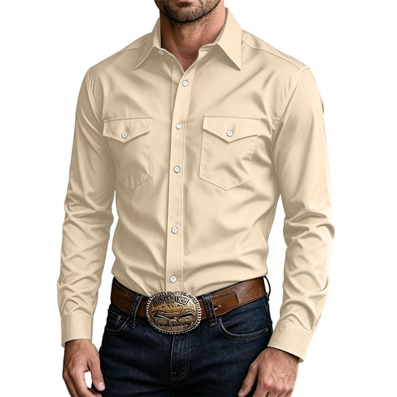 Hurxie Western Shirts for Men Button Down Long Sleeve Work Shirt Mens Casual Cowboy Cut Shirts with Two Pockets Beige,3XL